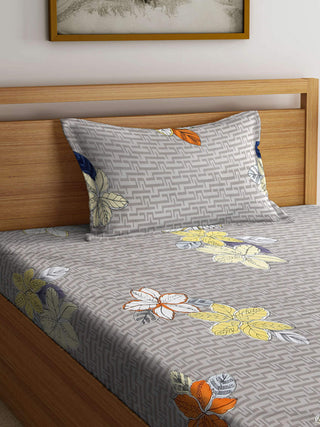 FABINALIV Beige Floral 300 TC Cotton Blend Single Bedsheet with Pillow Cover (225X150 cm)