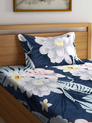 FABINALIV Multicolor Floral 300 TC Cotton Blend Single Bedsheet with Pillow Cover (225X150 cm)