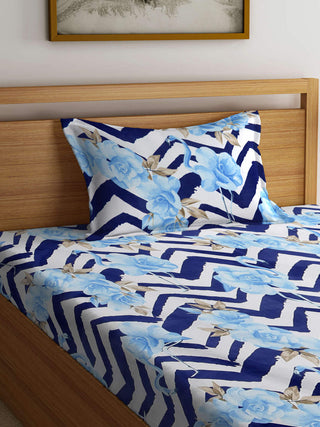 FABINALIV Blue Floral 300 TC Cotton Blend Single Bedsheet with Pillow Cover (225X150 cm)