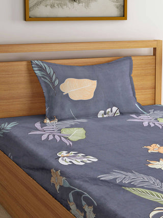 FABINALIV Grey Floral 300 TC Cotton Blend Single Bedsheet with Pillow Cover (225X150 cm)