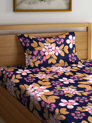 FABINALIV Multicolor Floral 300 TC Cotton Blend Single Bedsheet with Pillow Cover (225X150 cm)