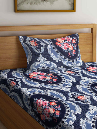 FABINALIV Blue Floral 300 TC Cotton Blend Single Bedsheet with Pillow Cover (225X150 cm)