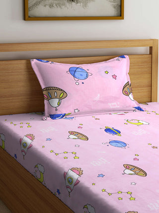 FABINALIV Pink Cartoon Print 300 TC Cotton Blend Single Bedsheet with Pillow Cover (225X150 cm)