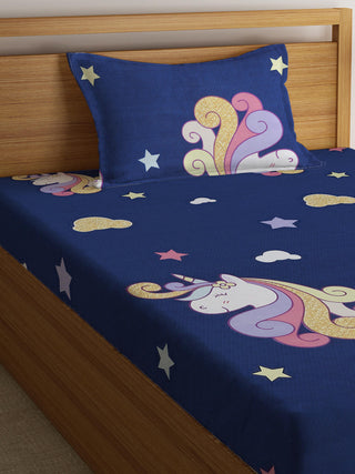 FABINALIV Multicolor Cartoon Print 300 TC Cotton Blend Single Bedsheet with Pillow Cover (225X150 cm)