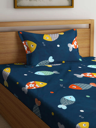 FABINALIV Multicolor Cartoon Print 300 TC Cotton Blend Single Bedsheet with Pillow Cover (225X150 cm)