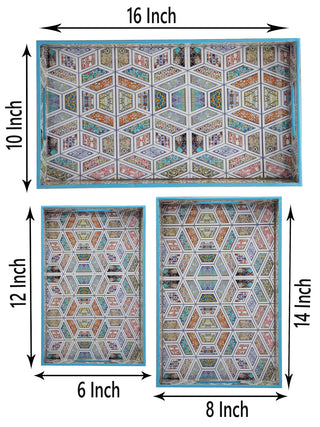 FABINALIV Set of 3 Multicolor Geometric Rectangular Wooden Serving Trays