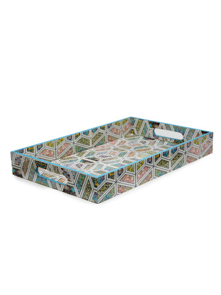 FABINALIV Set of 3 Multicolor Geometric Rectangular Wooden Serving Trays