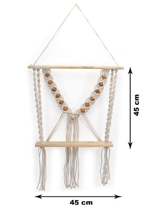 FABINALIV Off White Abstract Macrame Wall Hanging Shelf with Beads