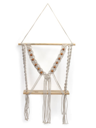 FABINALIV Off White Abstract Macrame Wall Hanging Shelf with Beads