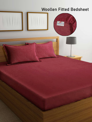 FABINALIV Maroon Solid 300 TC Woollen King Size Fitted Double Bedsheet with 2 Pillow Covers