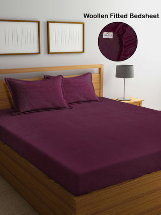 FABINALIV Wine Solid 300 TC Woollen King Size Fitted Double Bedsheet with 2 Pillow Covers (250X225 cm)