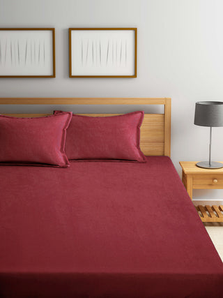 FABINALIV Maroon Solid 300 TC Woollen King Size Fitted Double Bedsheet with 2 Pillow Covers