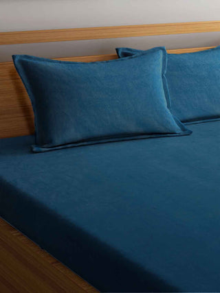 FABINALIV Rama Blue Solid 300 TC Woollen King Size Fitted Double Bedsheet with 2 Pillow Covers (250X225 cm)