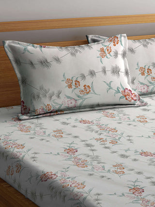 FABINALIV White Floral 300 TC Pure Cotton Super King Size Double Bedsheet with 2 Pillow Covers (270X270 cm)