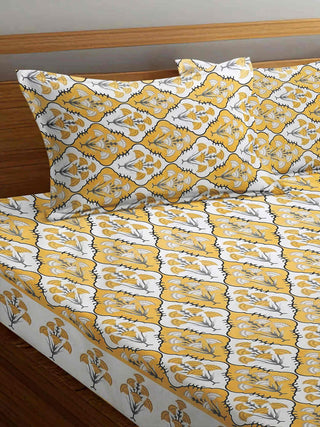 FABINALIV Yellow Floral 300 TC Cotton Blend Super King Size Double Bedsheet with 2 Pillow Covers (270X270 cm)