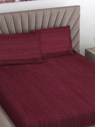 FABINALIV Maroon Striped 300 TC Woollen King Size Double Bedsheet with 2 Pillow Covers (250X225 cm)