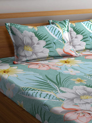 FABINALIV Green Floral 300 TC Cotton Blend King Size Double Bedsheet with 2 Pillow Covers (250X225 cm)