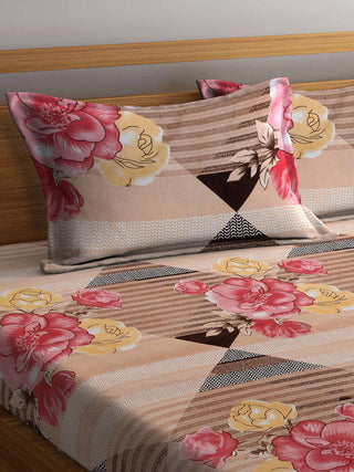 Multicolor Floral 300 TC Cotton Blend King Size Fitted Double Bedsheet with 2 Pillow Covers (250X225 cm)