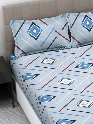 FABINALIV Blue Geometric 300 TC Cotton Blend King Size Fitted Double Bedsheet with 2 Pillow Covers (250X225 cm)