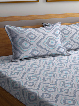 FABINALIV Blue Abstract 300 TC Pure Cotton King Size Double Bedsheet with 2 Pillow Covers (250X225 cm)