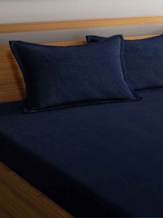 FABINALIV Navy Blue Solid 300 TC Woollen King Size Fitted Double Bedsheet with 2 Pillow Covers (250X225 cm)