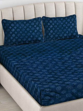 FABINALIV Navy Blue Geometric 300 TC Woollen Embossed King Size Double Bedsheet with 2 Pillow Covers (250X225 cm)