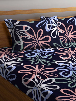 FABINALIV Blue Floral 300 TC Cotton Blend King Size Double Bedsheet with 2 Pillow Covers (250X225 cm)