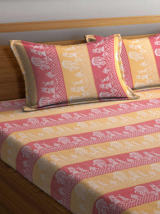 FABINALIV Multicolor Cartoon Design 350 TC 100% Cotton Handwoven King Size Double Bedsheet with 2 Pillow Covers (250X225 cm)