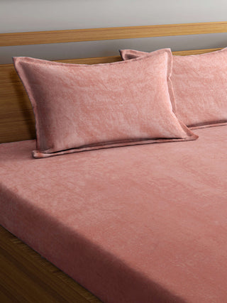 FABINALIV Peach Solid 300 TC Woollen King Size Double Bedsheet with 2 Pillow Covers (250X225 cm)