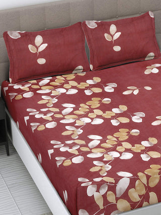 FABINALIV Maroon Floral 300 TC Cotton Blend King Size Fitted Double Bedsheet with 2 Pillow Covers (250X225 cm)