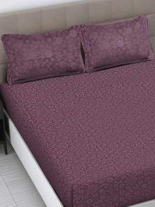 FABINALIV Raisin Purple Floral 300 TC Woollen Embossed King Size Fitted Double Bedsheet with 2 Pillow Covers