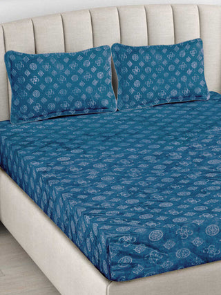 FABINALIV Ice Blue Geometric 300 TC Woollen Embossed King Size Double Bedsheet with 2 Pillow Covers