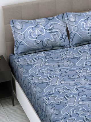 FABINALIV Blue Abstract 300 TC Cotton Blend Super King Size Double Bedsheet with 2 Pillow Covers (270X270 cm)