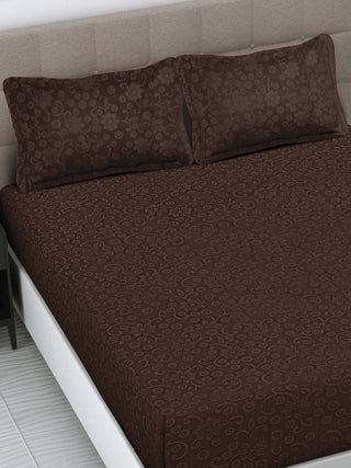 FABINALIV Coffee Floral 300 TC Woollen Embossed King Size Double Bedsheet with 2 Pillow Covers (250X225 cm)