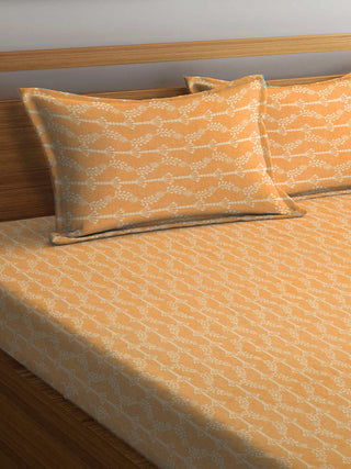 FABINALIV Mustard Floral 100% Cotton Handwoven King Size Double Bedsheet with 2 Pillow Covers (250X225 cm)