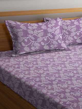 FABINALIV Purple Floral 350 TC 100% Cotton Handwoven King Size Double Bedsheet with 2 Pillow Covers (250X225 cm)