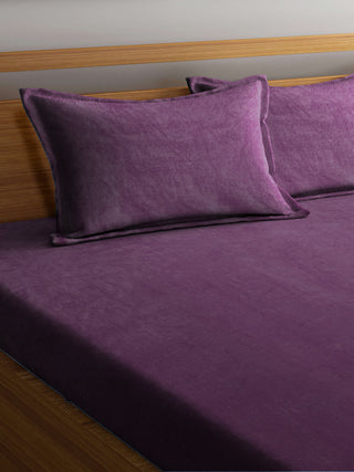 FABINALIV Raisin Purple Solid 300 TC Woollen King Size Fitted Double Bedsheet with 2 Pillow Covers (250X225 cm)