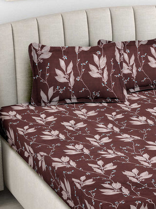 FABINALIV Brown Floral 300 TC Cotton Blend King Size Double Bedsheet with 2 Pillow Covers (250X225 cm)