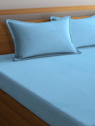 FABINALIV Sky Blue Striped 300 TC Cotton Blend Super King Size Double Bedsheet with 2 Pillow Covers (270X270 cm)