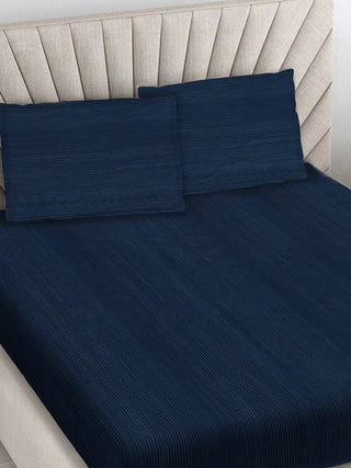 FABINALIV Navy Blue Striped 300 TC Woollen King Size Double Bedsheet with 2 Pillow Covers