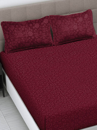 FABINALIV Maroon Floral 300 TC Woollen Embossed King Size Fitted Double Bedsheet with 2 Pillow Covers