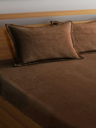 FABINALIV Chocolate Solid 300 TC Woollen King Size Fitted Double Bedsheet with 2 Pillow Covers