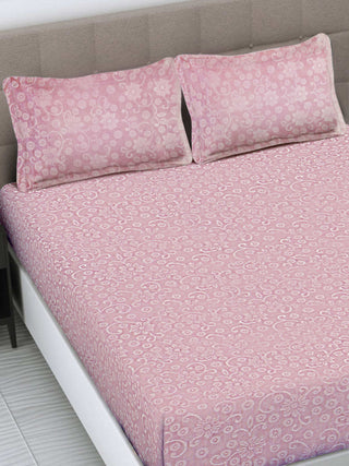 FABINALIV Baby Pink Floral 300 TC Woollen Embossed King Size Double Bedsheet with 2 Pillow Covers