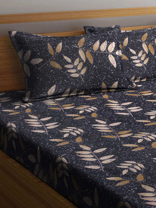 FABINALIV Black Floral 300 TC Cotton Blend King Size Double Bedsheet with 2 Pillow Covers (250X225 cm)