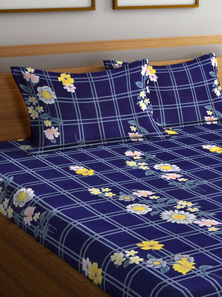 FABINALIV Blue Floral 300 TC Cotton Blend King Size Double Bedsheet with 2 Pillow Covers (250X225 cm)
