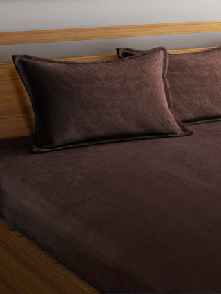 FABINALIV Coffee Solid 300 TC Woollen King Size Fitted Double Bedsheet with 2 Pillow Covers (250X225 cm)