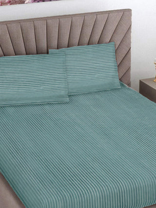 FABINALIV Green Striped 300 TC Woollen King Size Double Bedsheet with 2 Pillow Covers (250X225 cm)