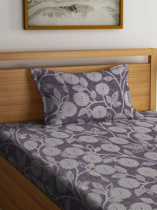 FABINALIV Purple Floral 300 TC Cotton Blend Single Bedsheet with Pillow Cover (225X150 cm)