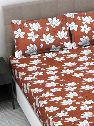 FABINALIV Rust Floral 300 TC Cotton Blend Super King Size Double Bedsheet with 2 Pillow Covers (270X270 cm)