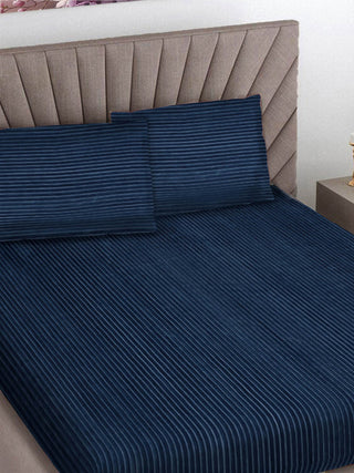 FABINALIV Navy Blue Striped 300 TC Woollen King Size Fitted Double Bedsheet with 2 Pillow Covers